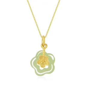 Natural Hetian Jade Necklace for Women, Dainty Cyan Green Jade Flower Charm Pendant Adjustable Choker Necklace Jewelry Chain for Mom Lover Her (925 Sterling Silver with Gold Plated)