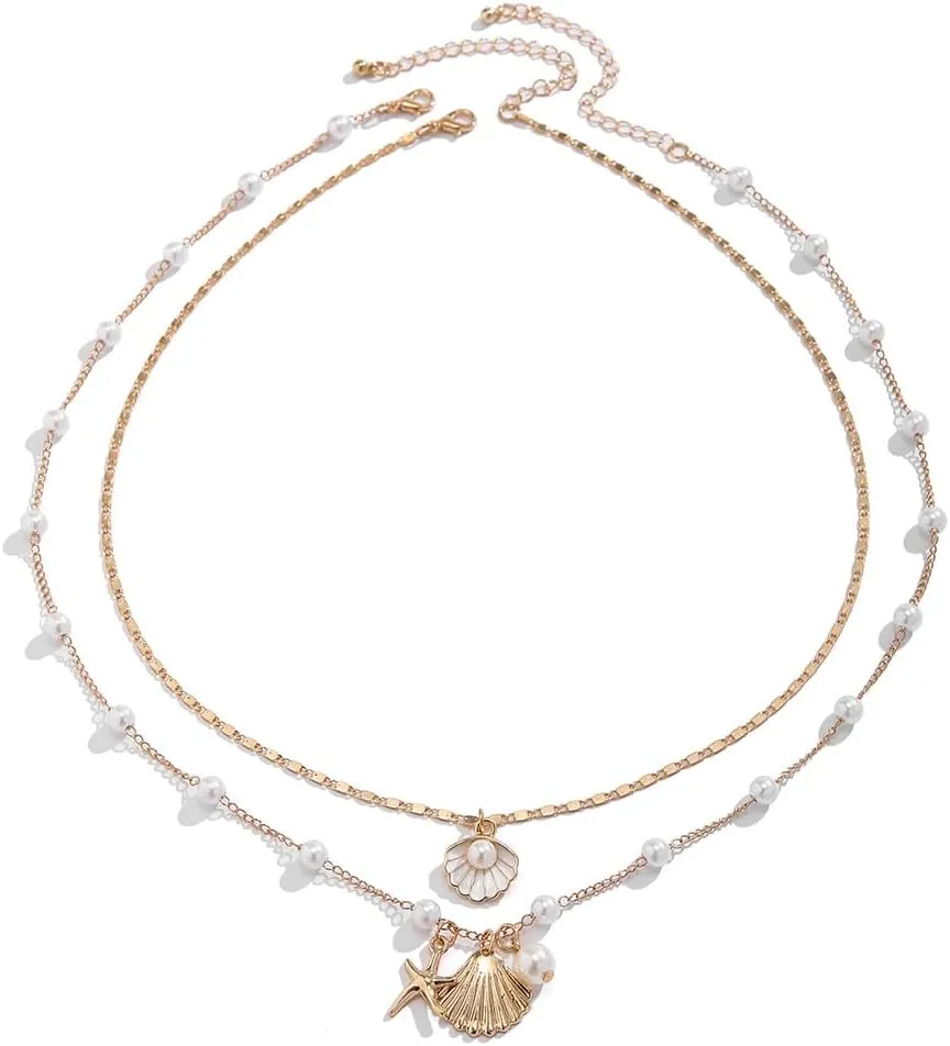 Natural Shell Necklace Handmade Seashell Turtle Starfish Adjustable Pearl Choker Necklace for Women Layered Pearl Necklaces Summer Boho Hawaii Beach Holiday Jewelry