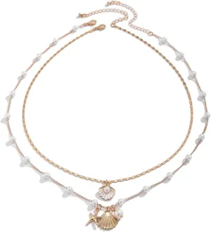 Natural Shell Necklace Handmade Seashell Turtle Starfish Adjustable Pearl Choker Necklace for Women Layered Pearl Necklaces Summer Boho Hawaii Beach Holiday Jewelry