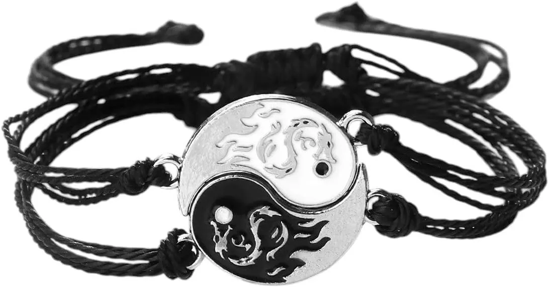 New 2026 Unisex 2Pcs Couple Black White Wax Thread Handmade Bracelets Tai Chi Yin Yang Dragon Pendant Bracelet Prayer Bestfriend Jewelrys Jewelry Fashion Trendy Accessories For Women And Men Men