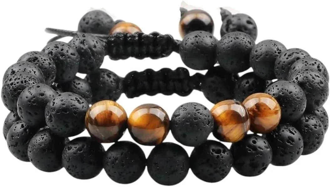 New 2026 Unisex 2Pc/Set Couple Distance Beaded Bracelet 8Mm Natural Stone Tiger Eye Black Lava Bracelets For Women Prayer Jewelry Fashion Trendy Accessories Creative Gift For Women And Men