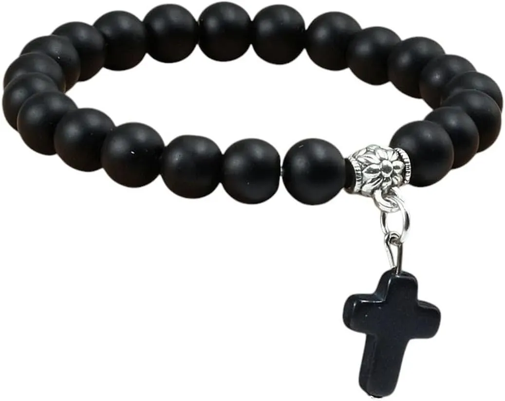 New 2026 Unisex Natural Stone Cross Beaded Bracelets Charm Women Men Black Lava Rock Bead Onyx Stretch Strand Bracelet&bangle Prayer Jewelry Findings Fashion Trendy Accessories Creative Gift For And