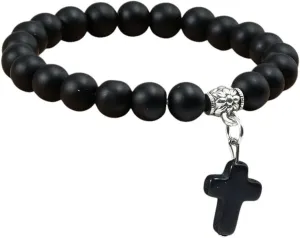 New 2026 Unisex Natural Stone Cross Beaded Bracelets Charm Women Men Black Lava Rock Bead Onyx Stretch Strand Bracelet&bangle Prayer Jewelry Findings Fashion Trendy Accessories Creative Gift For And