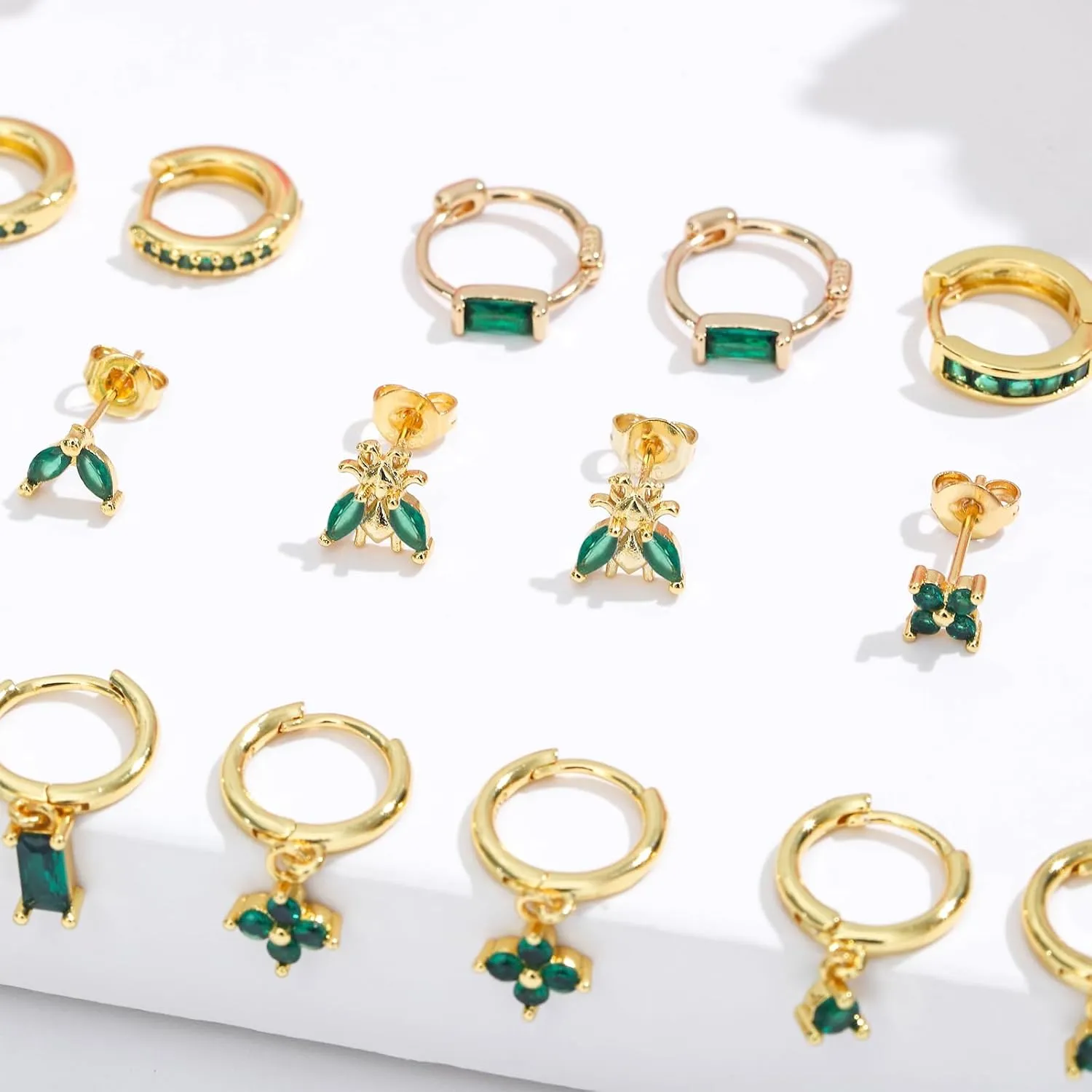 NEWITIN 15 Pairs Small Gold Stud Errings for Women Hypoallergenic Earring 14K Gold Plated Stainless Steel Inlaid Green Cubic Zirconia Earring Cartilage Stud Hoop Earrings Set
