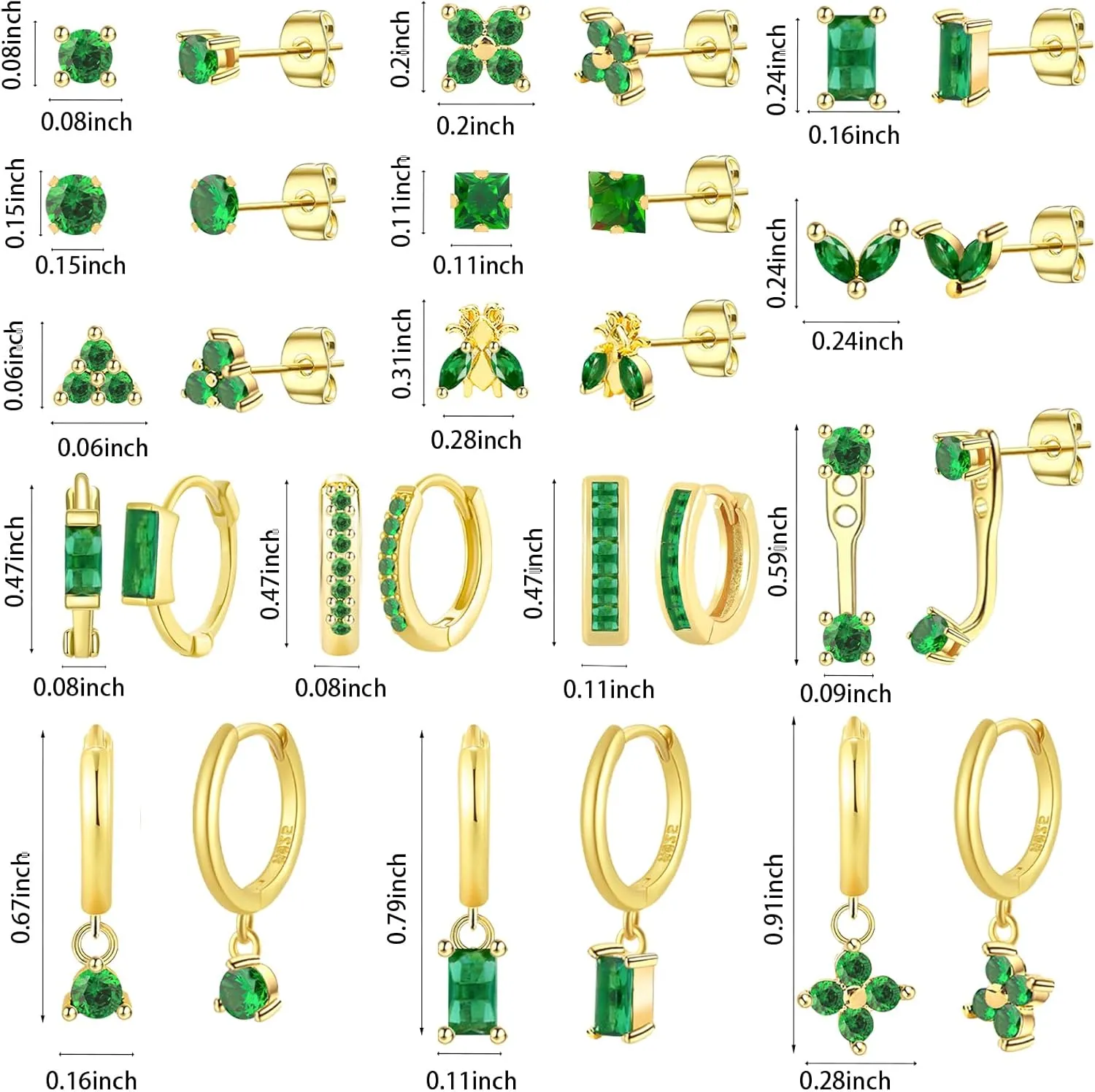 NEWITIN 15 Pairs Small Gold Stud Errings for Women Hypoallergenic Earring 14K Gold Plated Stainless Steel Inlaid Green Cubic Zirconia Earring Cartilage Stud Hoop Earrings Set