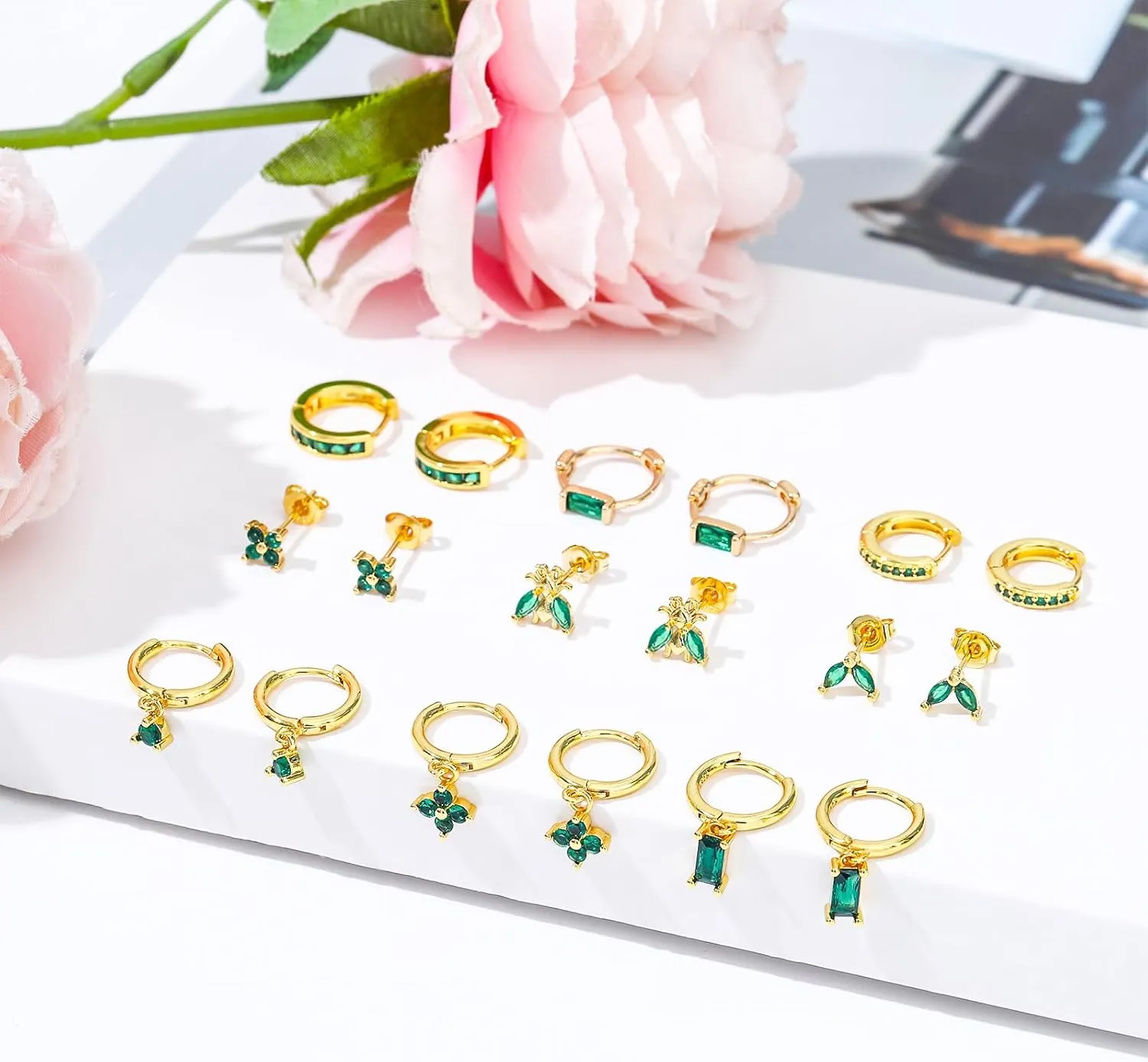 NEWITIN 15 Pairs Small Gold Stud Errings for Women Hypoallergenic Earring 14K Gold Plated Stainless Steel Inlaid Green Cubic Zirconia Earring Cartilage Stud Hoop Earrings Set