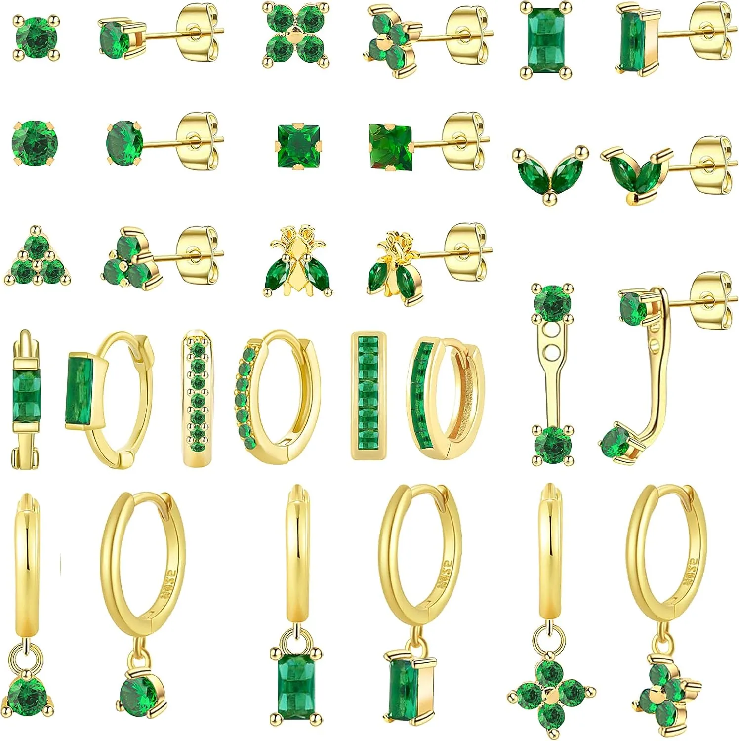 NEWITIN 15 Pairs Small Gold Stud Errings for Women Hypoallergenic Earring 14K Gold Plated Stainless Steel Inlaid Green Cubic Zirconia Earring Cartilage Stud Hoop Earrings Set