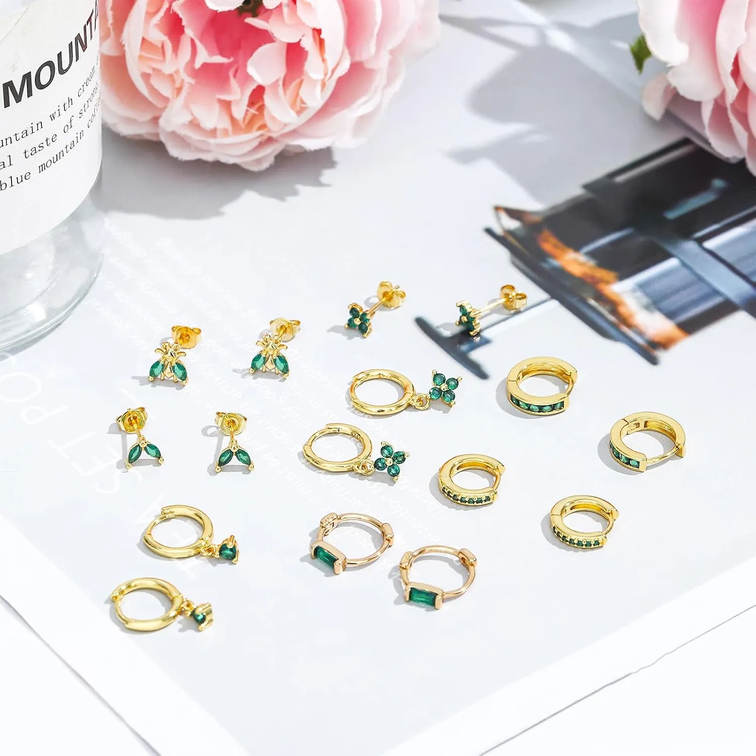 NEWITIN 15 Pairs Small Gold Stud Errings for Women Hypoallergenic Earring 14K Gold Plated Stainless Steel Inlaid Green Cubic Zirconia Earring Cartilage Stud Hoop Earrings Set