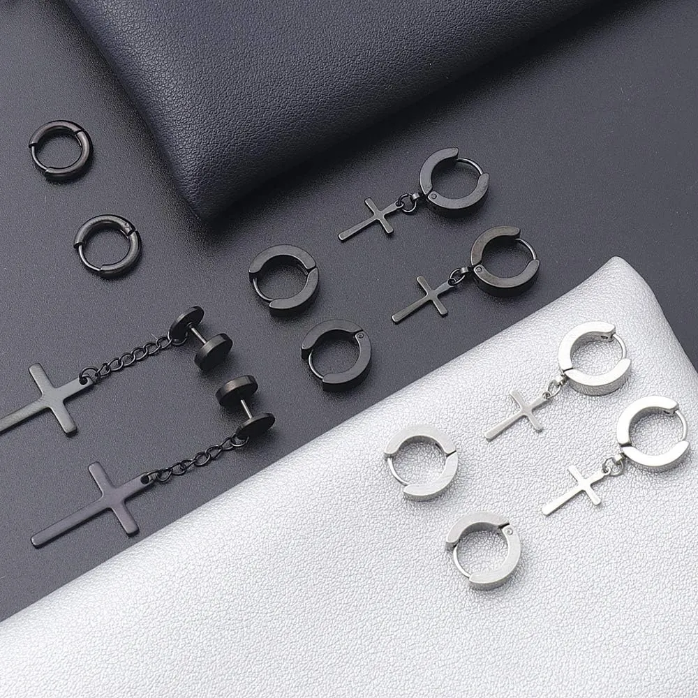 NEWITIN 15 Pairs Stainless Steel Stud Earrings for Men Hypoallergenic Earring Unisex Punk Earring Hoop Hinged Dangle Cross Earrings for Men Women