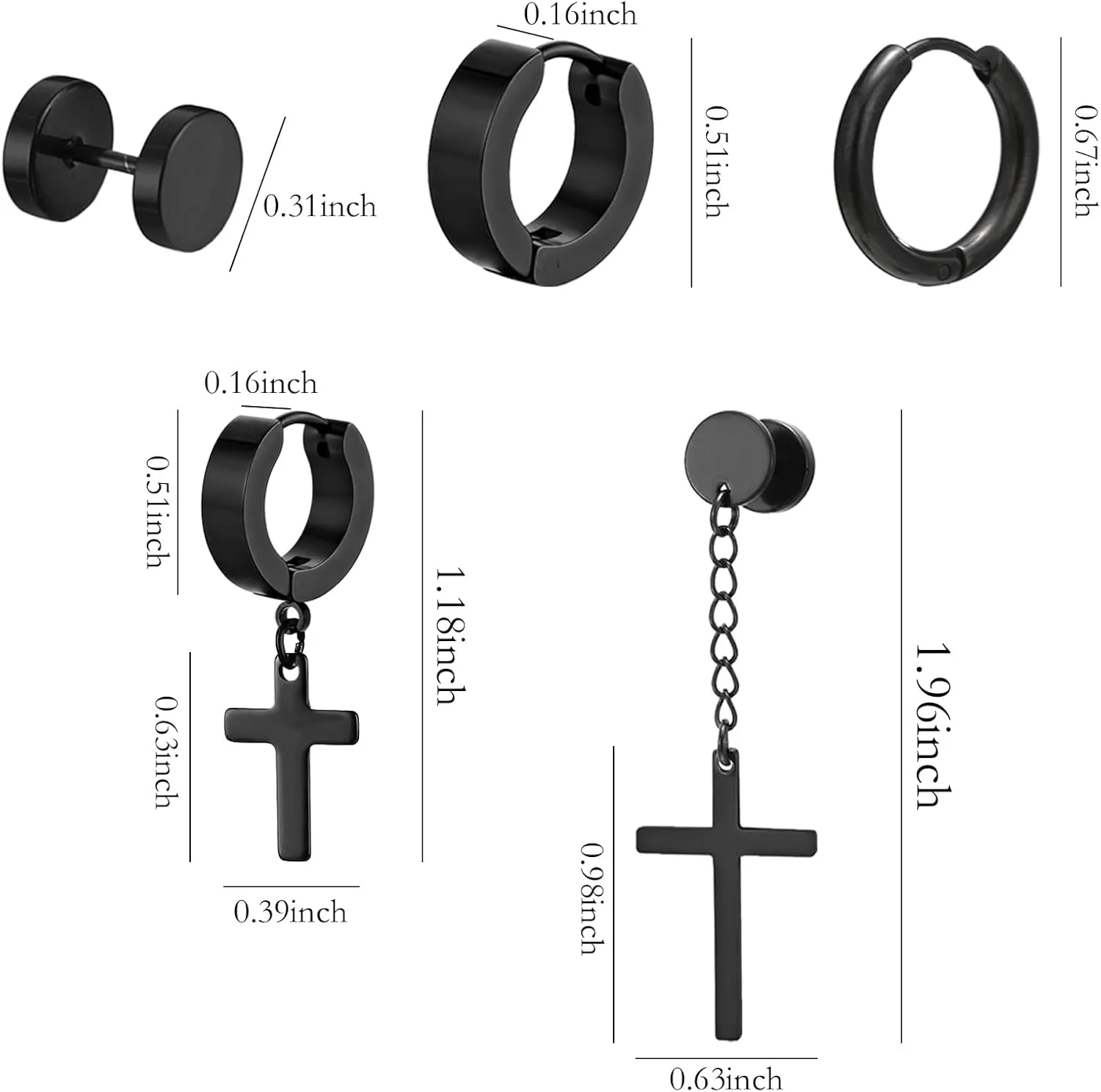 NEWITIN 15 Pairs Stainless Steel Stud Earrings for Men Hypoallergenic Earring Unisex Punk Earring Hoop Hinged Dangle Cross Earrings for Men Women