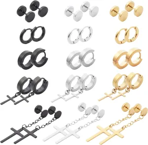 NEWITIN 15 Pairs Stainless Steel Stud Earrings for Men Hypoallergenic Earring Unisex Punk Earring Hoop Hinged Dangle Cross Earrings for Men Women