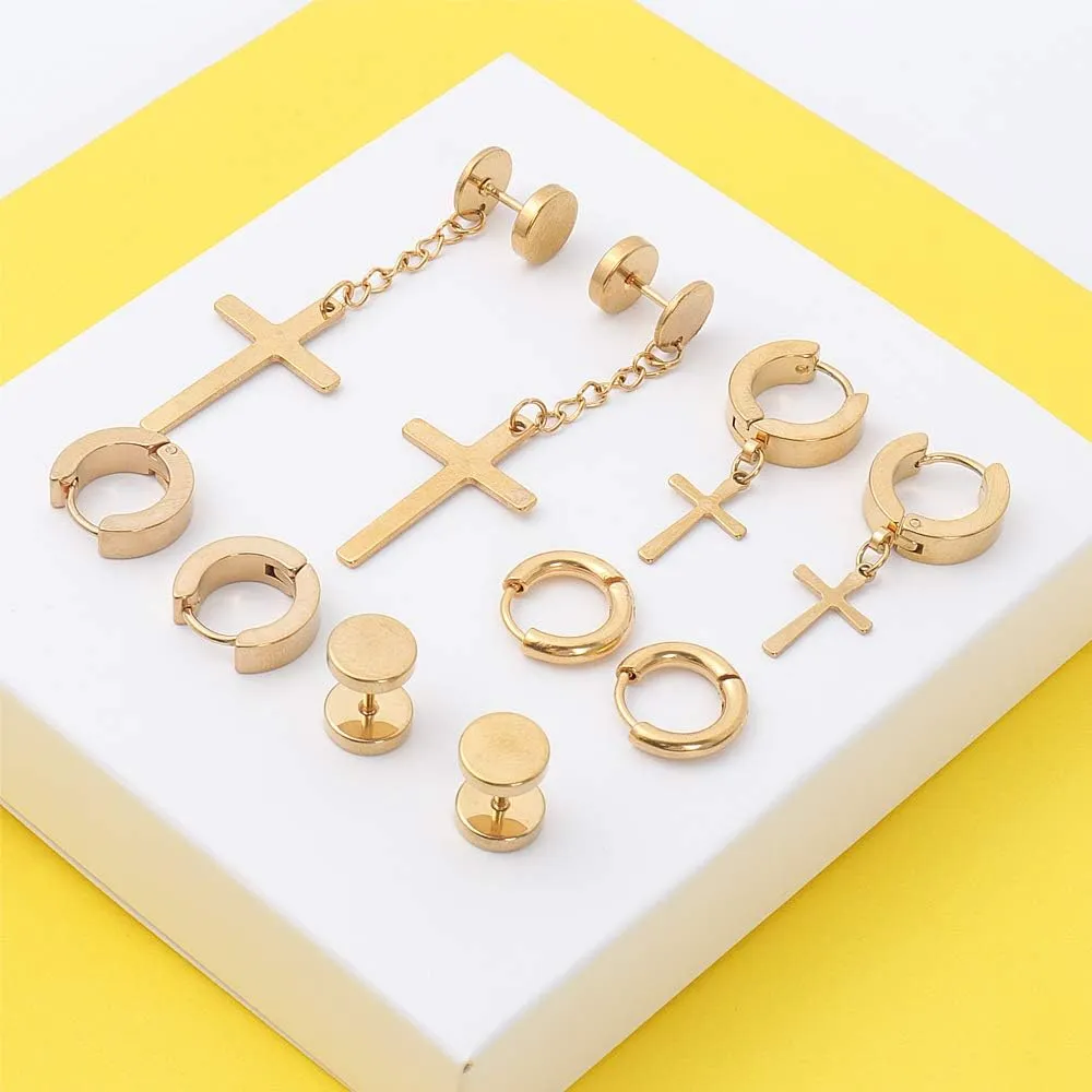 NEWITIN 15 Pairs Stainless Steel Stud Earrings for Men Hypoallergenic Earring Unisex Punk Earring Hoop Hinged Dangle Cross Earrings for Men Women
