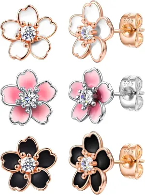 NEWITIN 3 Pairs Flower Earrings for Women Hypoallergenic Earring Cute Ear Studs Cherry Blossom Daisy Rose Flower Stud Earrings for Women