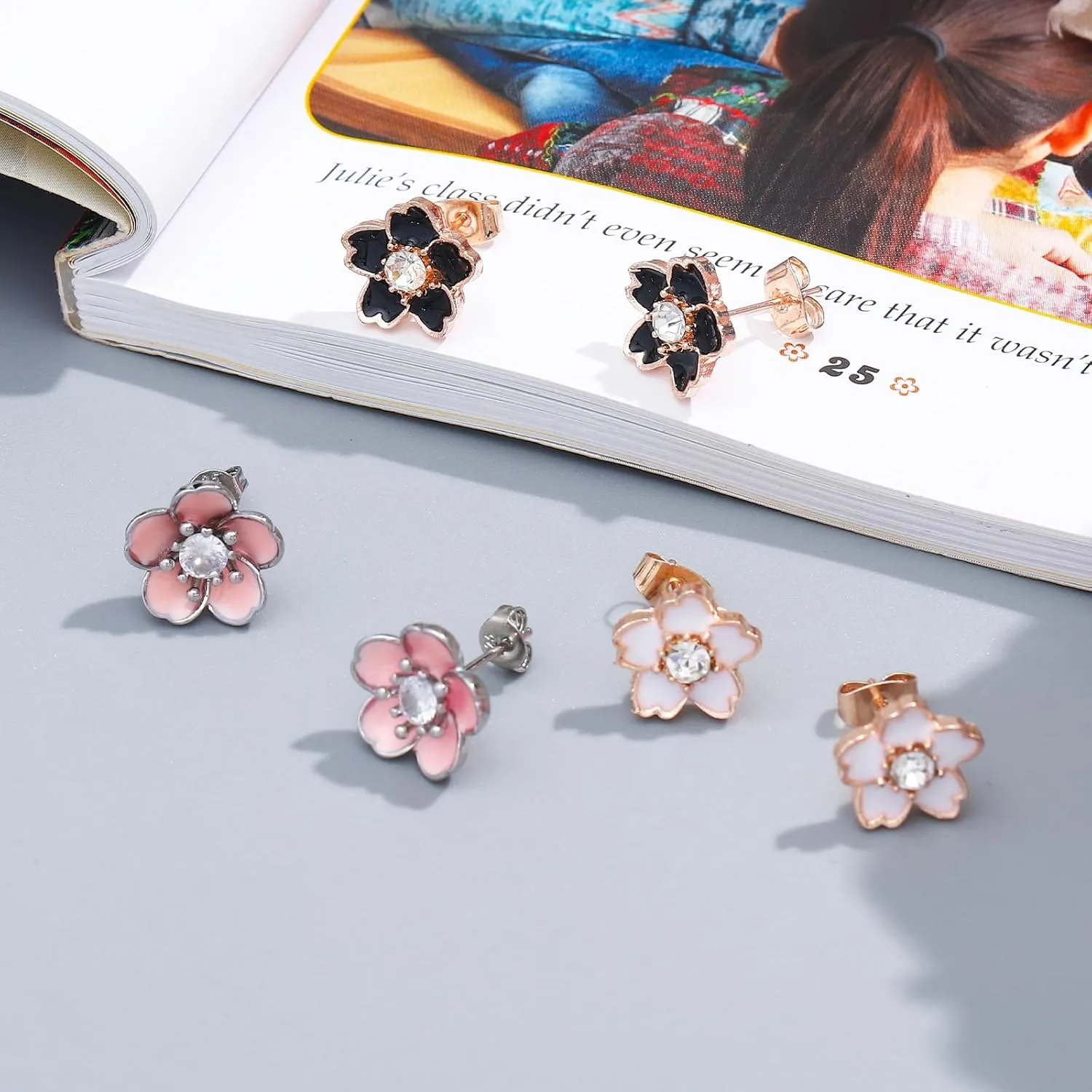 NEWITIN 3 Pairs Flower Earrings for Women Hypoallergenic Earring Cute Ear Studs Cherry Blossom Daisy Rose Flower Stud Earrings for Women