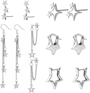 NEWITIN 6 Pairs Star Earrings for Women Hypoallergenic Studs Silver Gold Star Earring 18K Gold Plated Cartilage Stud Earrings Stars Hoop Earring for Women