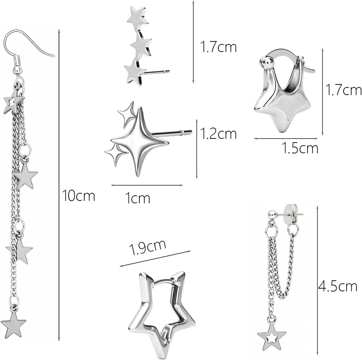 NEWITIN 6 Pairs Star Earrings for Women Hypoallergenic Studs Silver Gold Star Earring 18K Gold Plated Cartilage Stud Earrings Stars Hoop Earring for Women