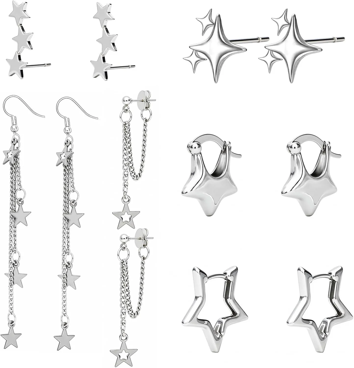 NEWITIN 6 Pairs Star Earrings for Women Hypoallergenic Studs Silver Gold Star Earring 18K Gold Plated Cartilage Stud Earrings Stars Hoop Earring for Women