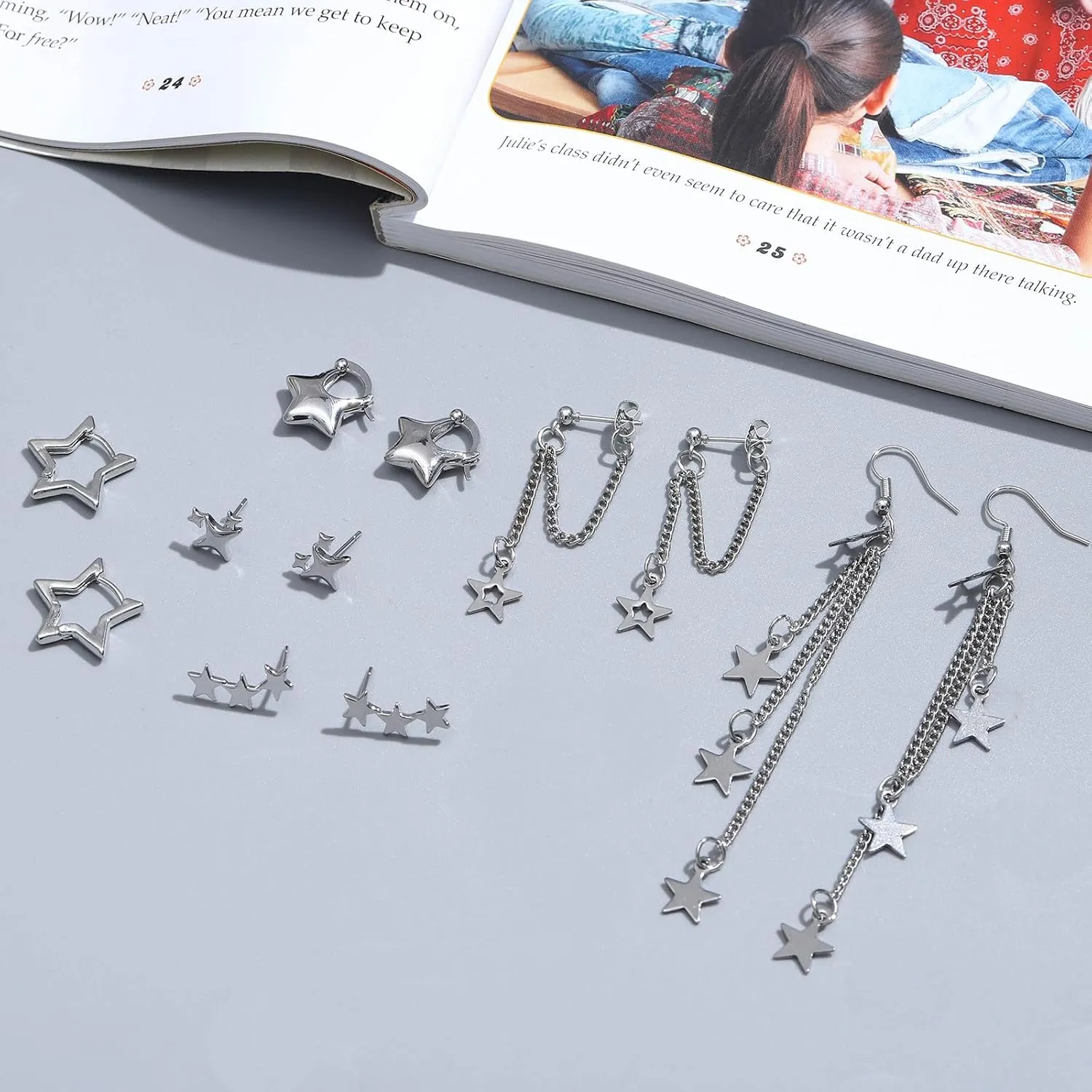 NEWITIN 6 Pairs Star Earrings for Women Hypoallergenic Studs Silver Gold Star Earring 18K Gold Plated Cartilage Stud Earrings Stars Hoop Earring for Women