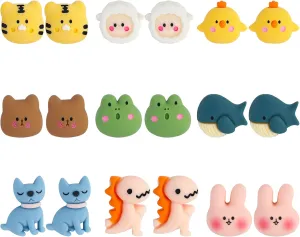 NEWITIN 9 Pairs Cute Animal Bite Earrings for Girls Hypoallergenic Earring 3D Clay Earrings Cartoon Biting Ear Studs Polymer Clay Studs for Girls Women
