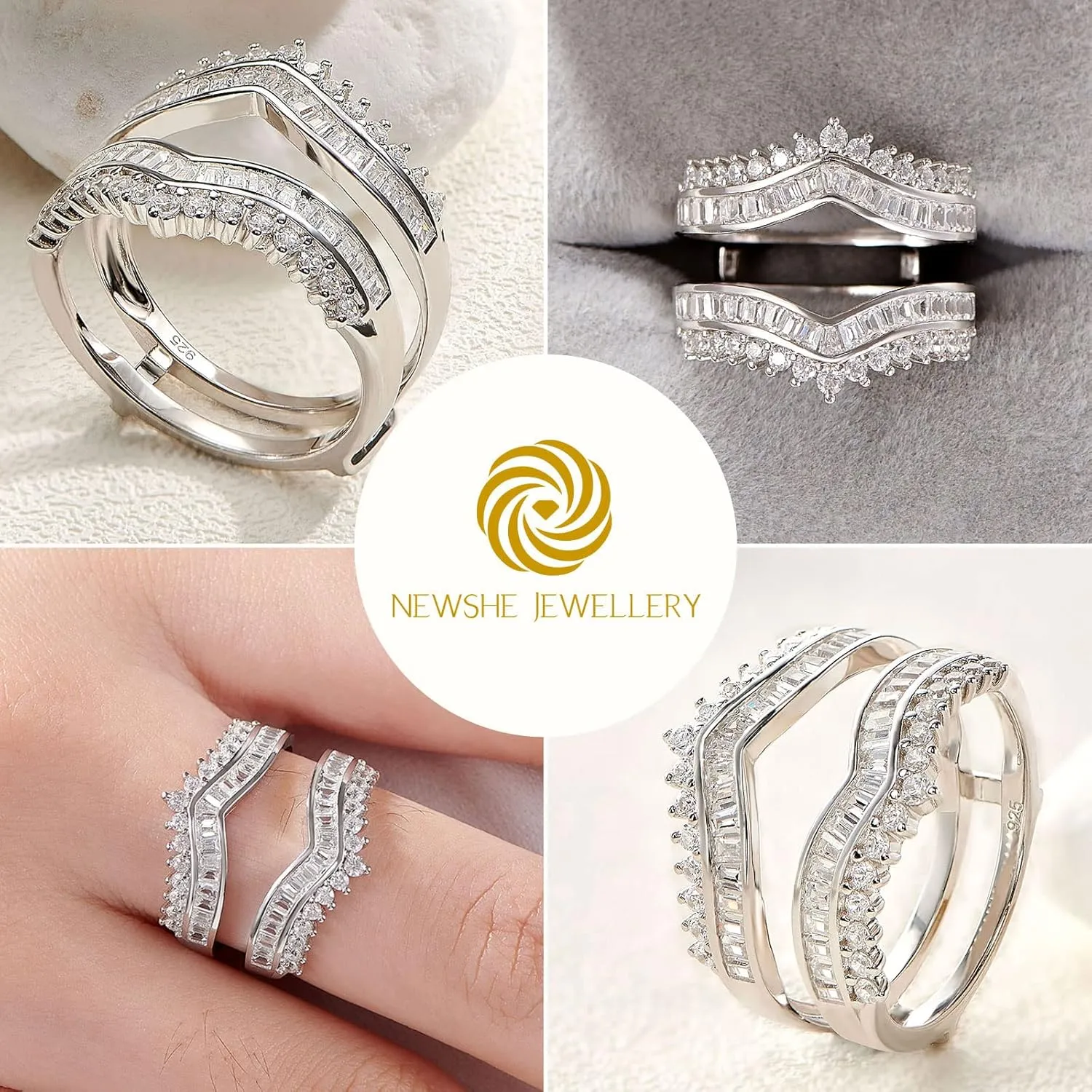 Newshe Jewellery Curved Bridal Ring Enhancer Guard for Women AAAAA Cz Engagement Rings White Gold 925 Sterling Silver Size 5-10