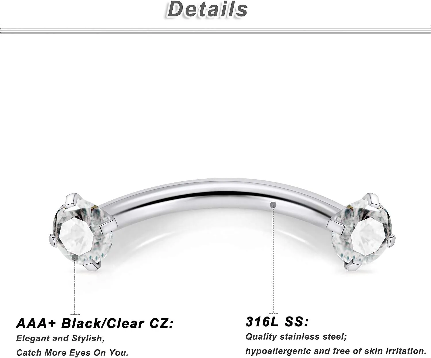 Ocptiy 16G Eyebrow Rings Rook Daith Piercings 316L Surgical Steel Snake Bites Vertical Lip Belly Rings Curved BarBells Helix Cartilage Earrings Studs Piercing Jewelry for Women Men 8mm 10mm Length