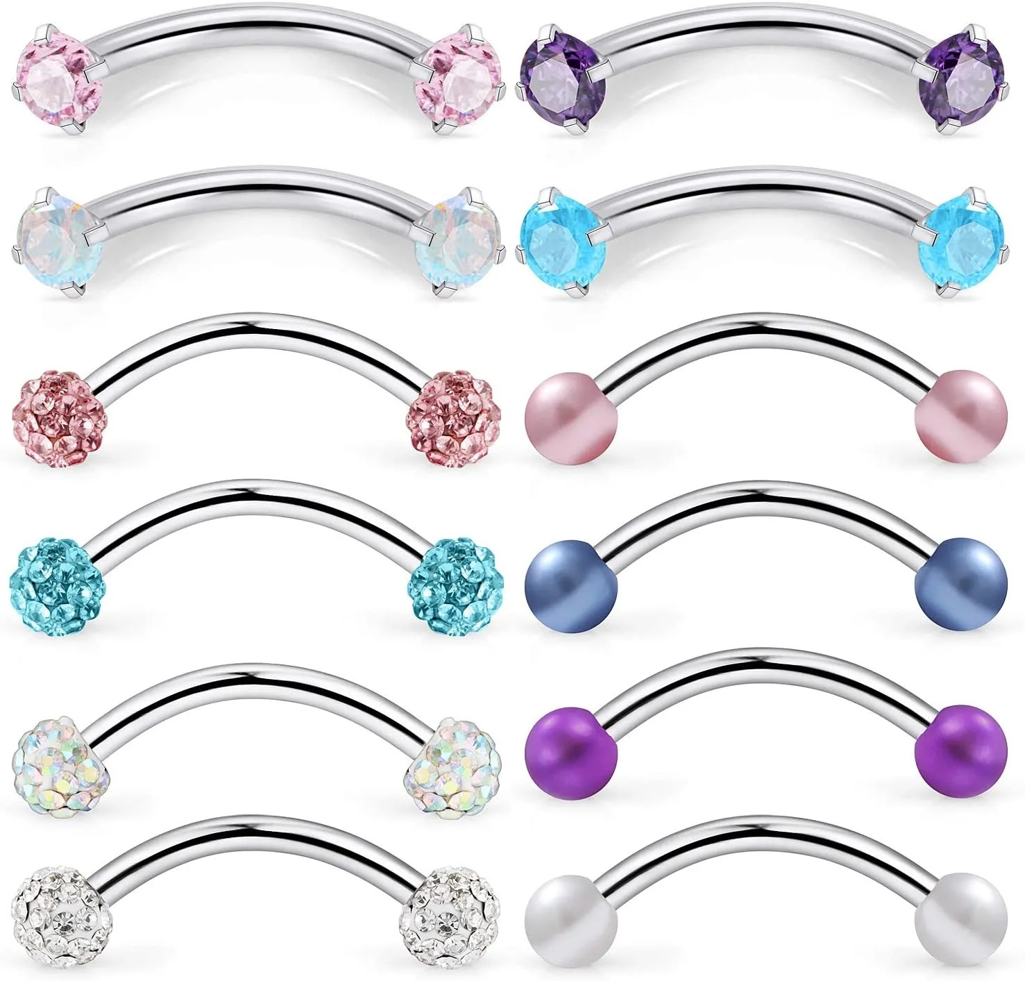 Ocptiy 16G Eyebrow Rings Rook Daith Piercings 316L Surgical Steel Snake Bites Vertical Lip Belly Rings Curved BarBells Helix Cartilage Earrings Studs Piercing Jewelry for Women Men 8mm 10mm Length