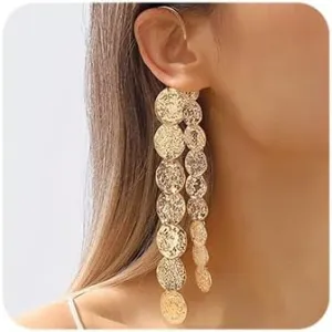 Octwine Pack of 1 Round Coin Disc Pendant Hanging Earring Tassel Cuff Earring Dangle Earrings Drop Bridal Wedding Earring for Women