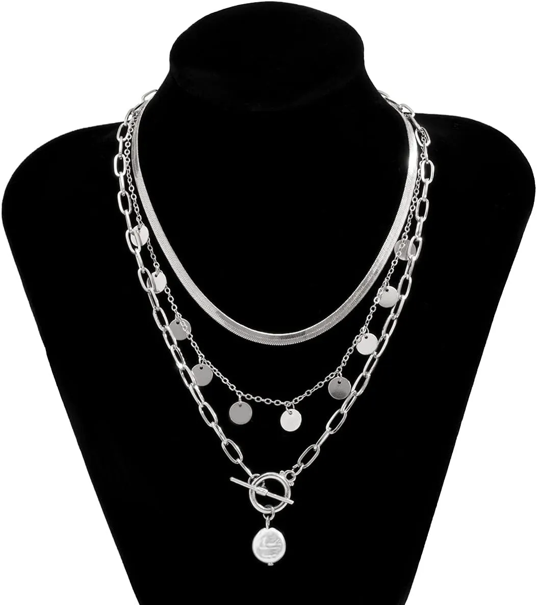 Octwine Silver Golden Sequins Layered Choker Necklaces for Women Simple Layering Bar Imitation Pearls Chunky Stacked Pendant Necklace for Women