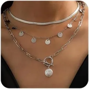 Octwine Silver Golden Sequins Layered Choker Necklaces for Women Simple Layering Bar Imitation Pearls Chunky Stacked Pendant Necklace for Women