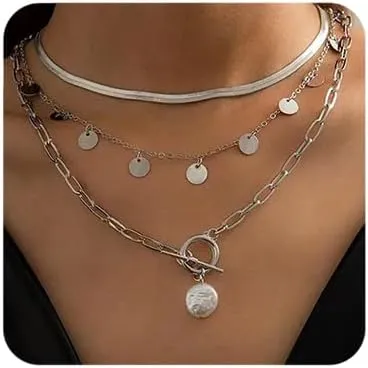 Octwine Silver Golden Sequins Layered Choker Necklaces for Women Simple Layering Bar Imitation Pearls Chunky Stacked Pendant Necklace for Women
