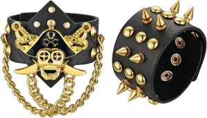 OIDEA 2 pcs Spike Studded Pirate Captain Bracelet, Punk Rock Biker Wide Leather Bracelets,Gold