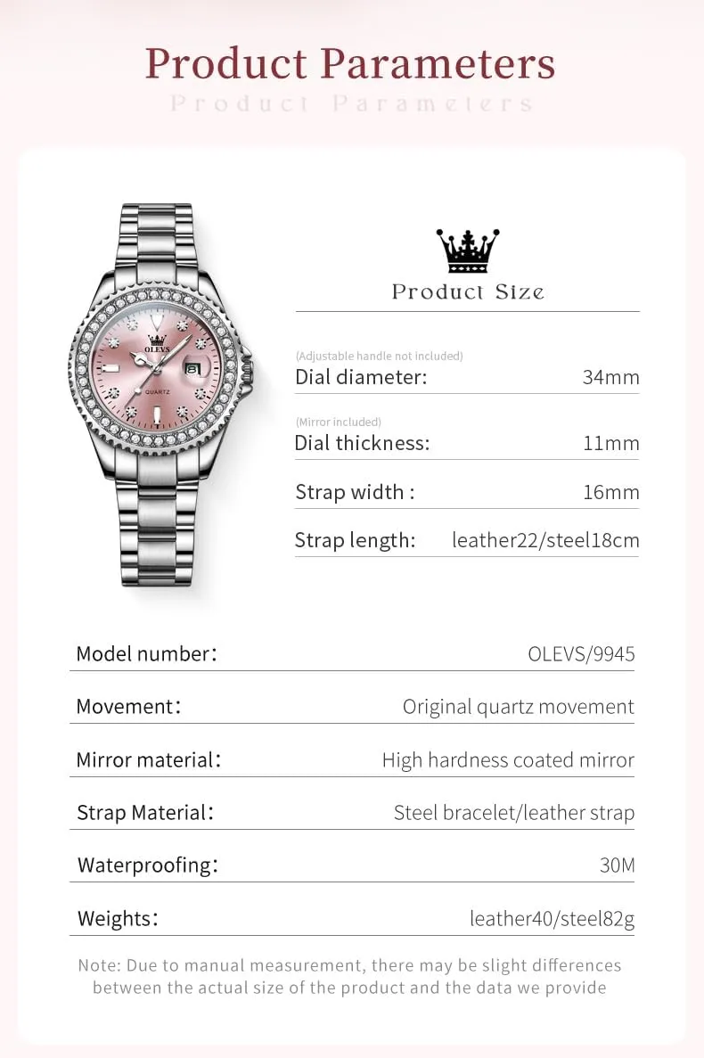 OLEVS Watches for Women Diamond with Date Luxury Leather Female Waterproof Women Wrist Watch Analog Dress Stainless Steel Ladies Watch Luminous Calendar Women Watch Green/Silver/Red Dial