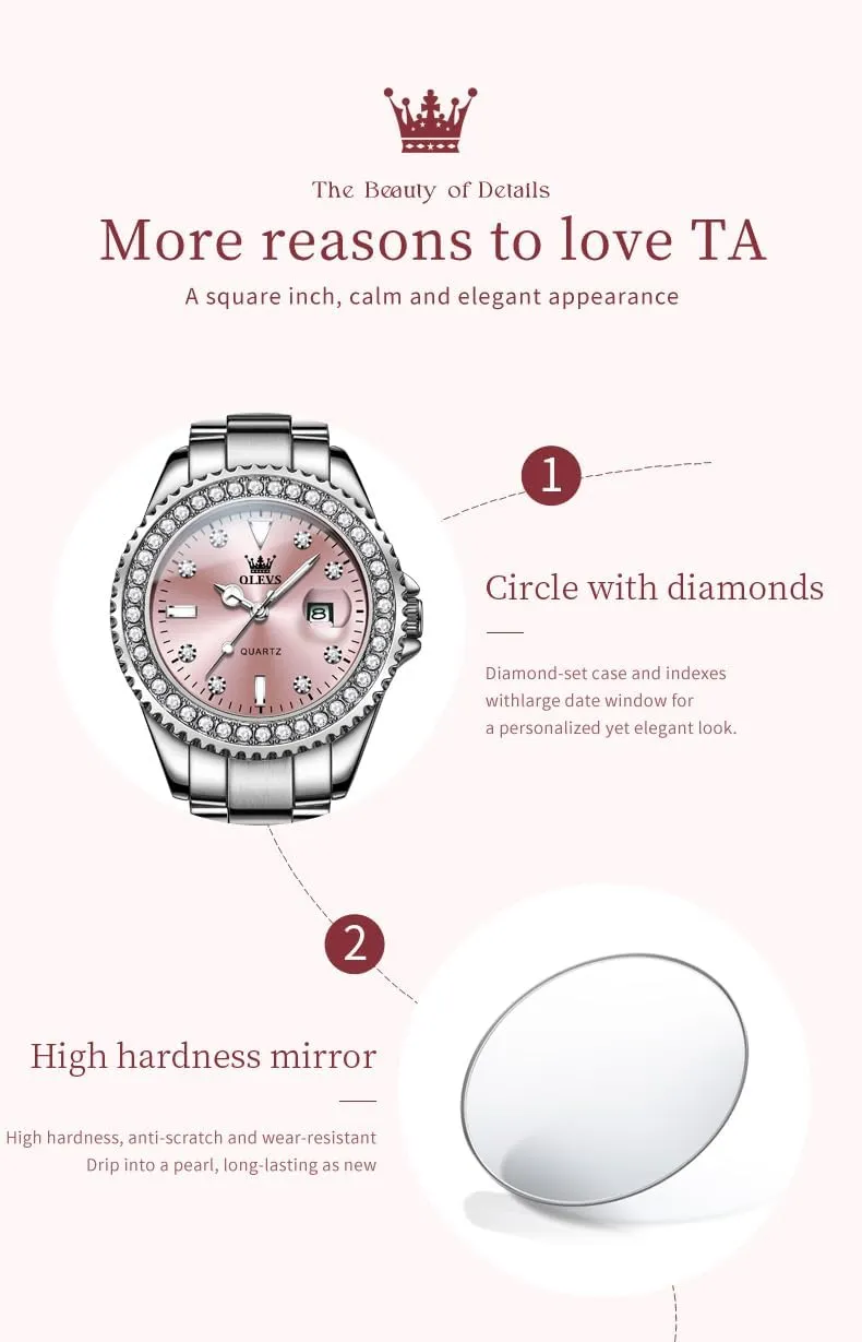 OLEVS Watches for Women Diamond with Date Luxury Leather Female Waterproof Women Wrist Watch Analog Dress Stainless Steel Ladies Watch Luminous Calendar Women Watch Green/Silver/Red Dial