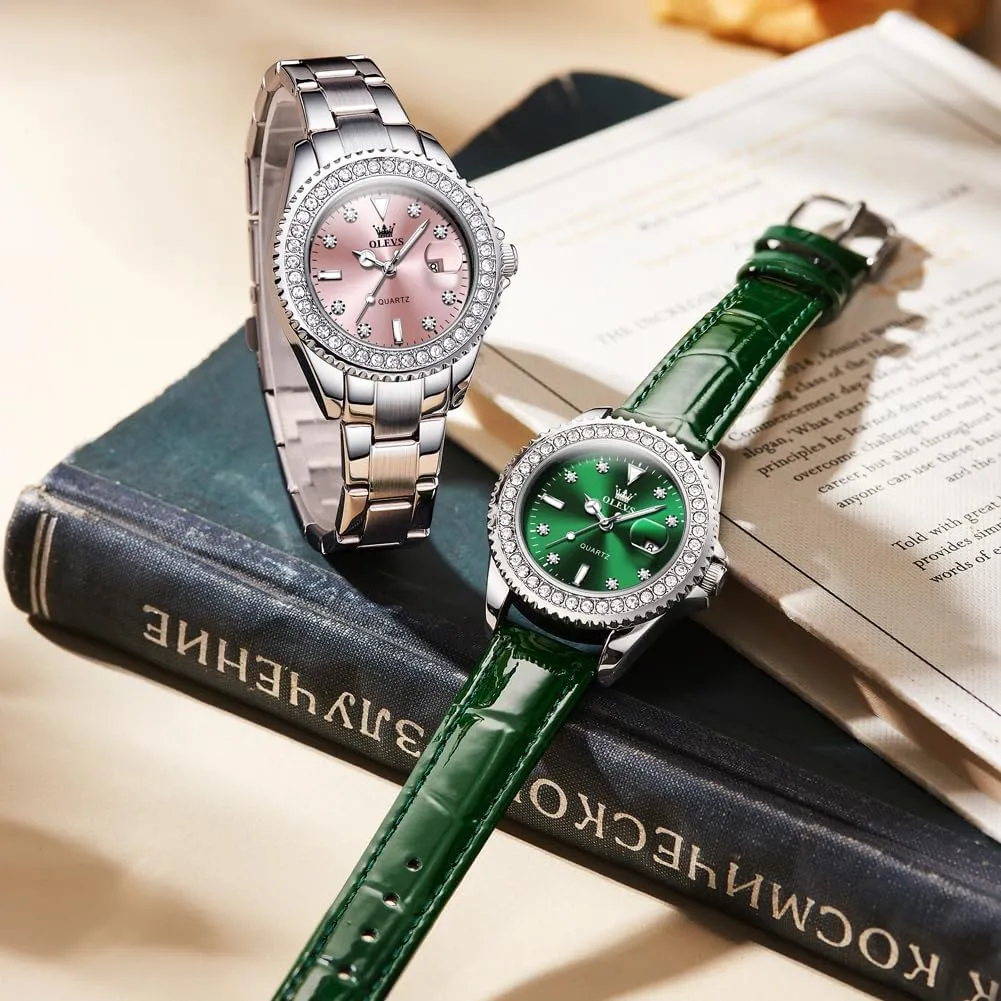OLEVS Watches for Women Diamond with Date Luxury Leather Female Waterproof Women Wrist Watch Analog Dress Stainless Steel Ladies Watch Luminous Calendar Women Watch Green/Silver/Red Dial