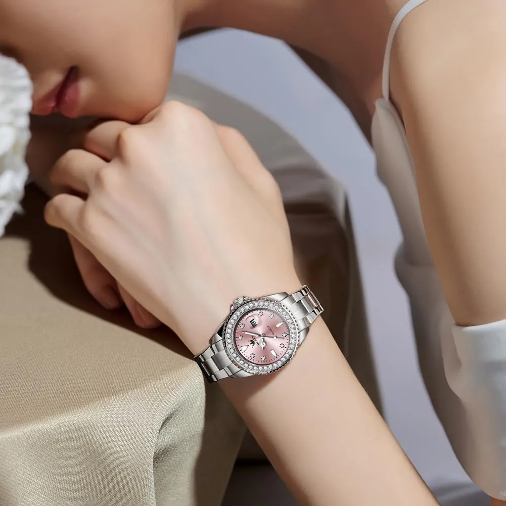 OLEVS Watches for Women Diamond with Date Luxury Leather Female Waterproof Women Wrist Watch Analog Dress Stainless Steel Ladies Watch Luminous Calendar Women Watch Green/Silver/Red Dial