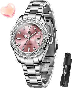 OLEVS Watches for Women Diamond with Date Luxury Leather Female Waterproof Women Wrist Watch Analog Dress Stainless Steel Ladies Watch Luminous Calendar Women Watch Green/Silver/Red Dial