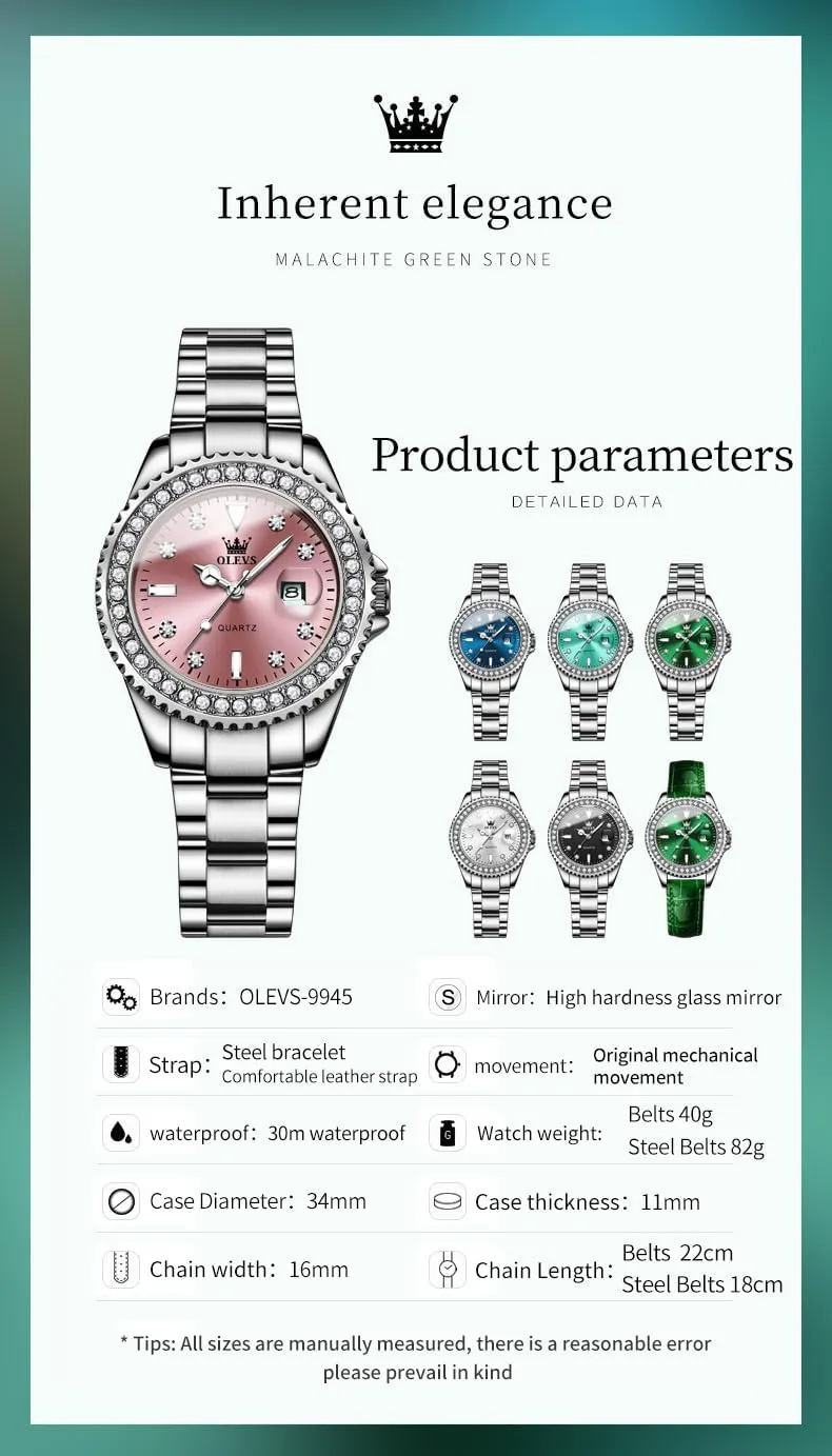OLEVS Watches for Women Diamond with Date Luxury Leather Female Waterproof Women Wrist Watch Analog Dress Stainless Steel Ladies Watch Luminous Calendar Women Watch Green/Silver/Red Dial