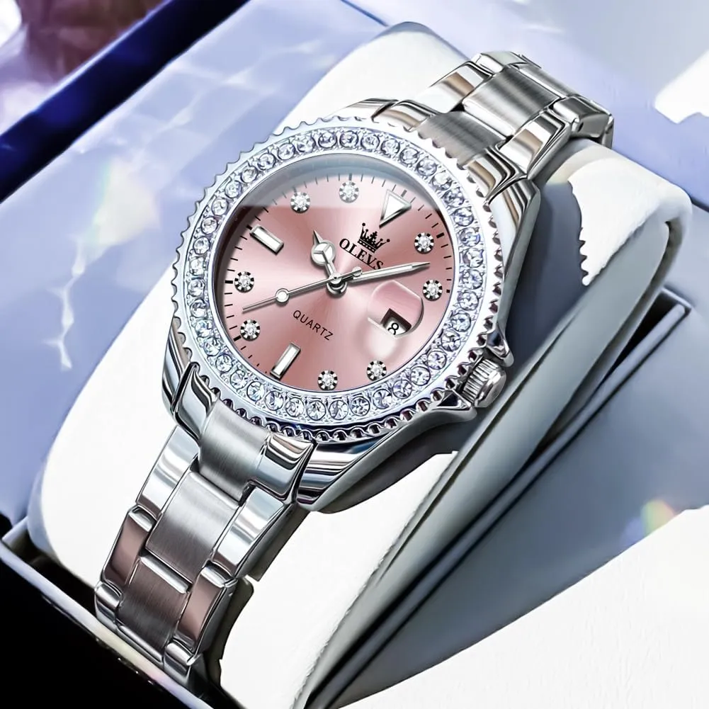 OLEVS Watches for Women Diamond with Date Luxury Leather Female Waterproof Women Wrist Watch Analog Dress Stainless Steel Ladies Watch Luminous Calendar Women Watch Green/Silver/Red Dial