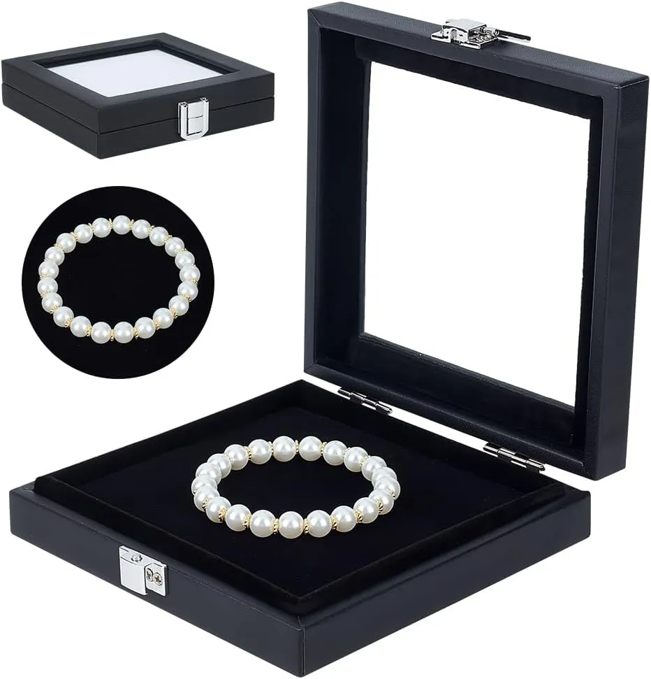 OLYCRAFT Jewelry Gemstone Display Case Imitation Leather Diamond Presentation Box Black Gemstone Display Box with Clear Glass Window Sponge Inside for Gems Coins Diamonds Display-5.4x5.2x1.3 inch