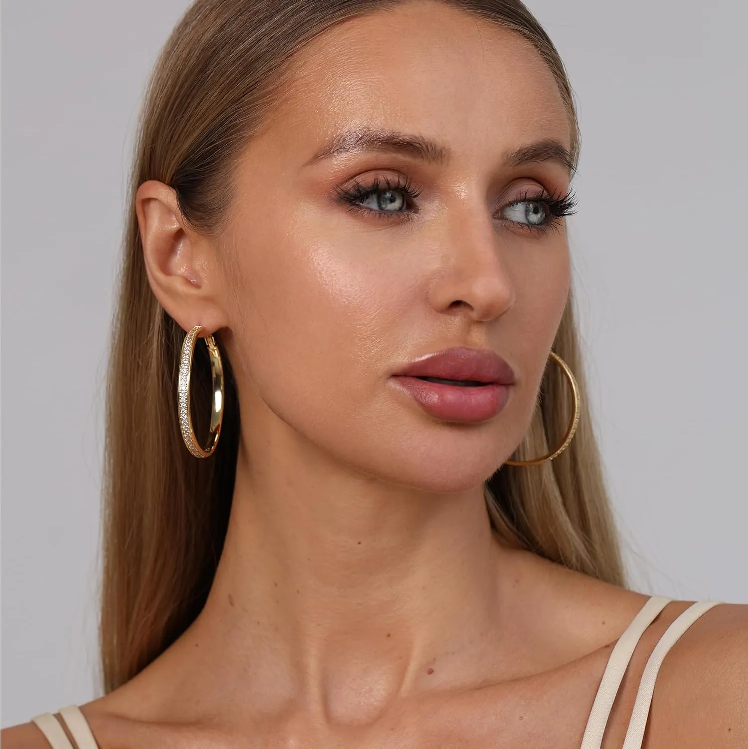 OOOPEL Large Rhinestone Hoops Sparkly Big CZ Hoop Earrings for Women Non Tarnish 925 Sterling Silver/Gold Plated Rhinestone Earrings for Sensitive Ears Gifts 30/40/50/60mm
