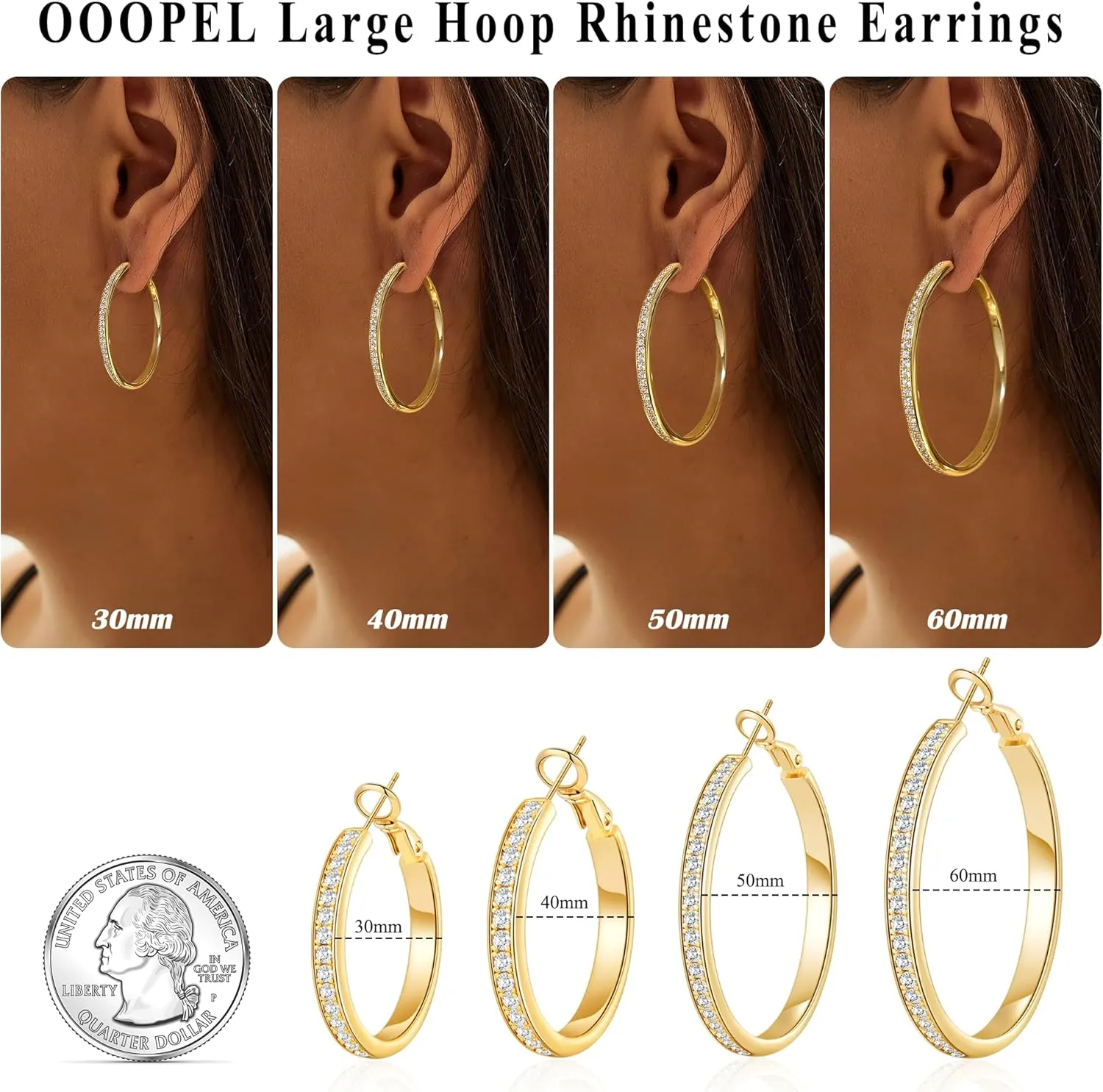 OOOPEL Large Rhinestone Hoops Sparkly Big CZ Hoop Earrings for Women Non Tarnish 925 Sterling Silver/Gold Plated Rhinestone Earrings for Sensitive Ears Gifts 30/40/50/60mm