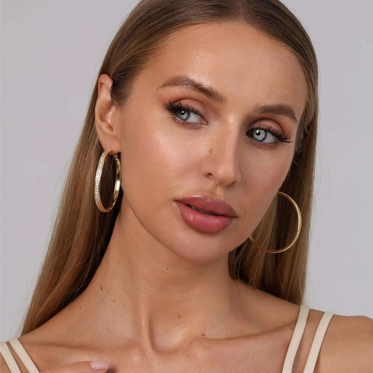 OOOPEL Large Rhinestone Hoops Sparkly Big CZ Hoop Earrings for Women Non Tarnish 925 Sterling Silver/Gold Plated Rhinestone Earrings for Sensitive Ears Gifts 30/40/50/60mm