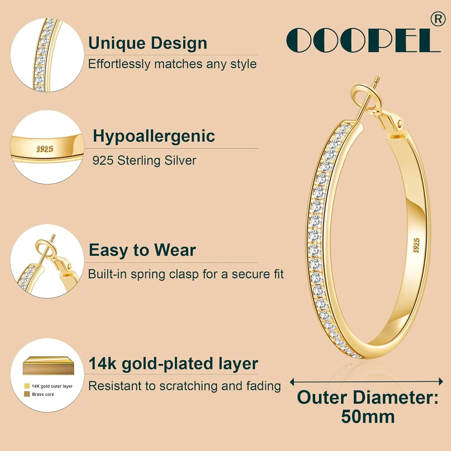 OOOPEL Large Rhinestone Hoops Sparkly Big CZ Hoop Earrings for Women Non Tarnish 925 Sterling Silver/Gold Plated Rhinestone Earrings for Sensitive Ears Gifts 30/40/50/60mm