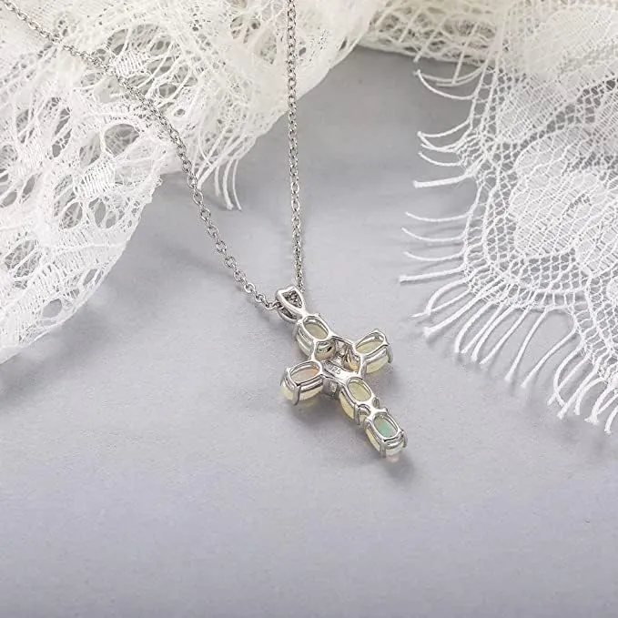 Opal Cross Necklace Inlaid with Tourmaline/Green Gem/Blue Diamonds Sterling Silver Chain Anniversary Wedding Jewelry for Women Cross Birthstone Necklaces 18"