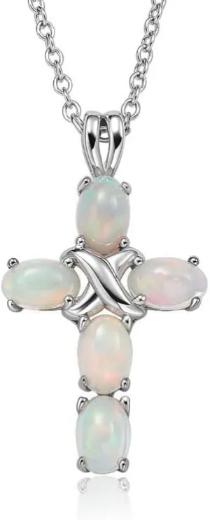 Opal Cross Necklace Inlaid with Tourmaline/Green Gem/Blue Diamonds Sterling Silver Chain Anniversary Wedding Jewelry for Women Cross Birthstone Necklaces 18"