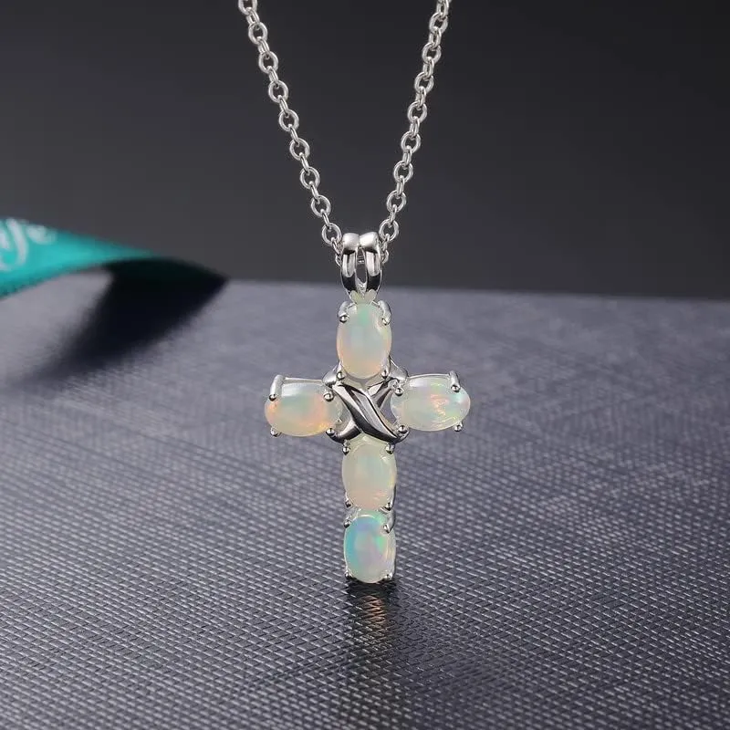 Opal Cross Necklace Inlaid with Tourmaline/Green Gem/Blue Diamonds Sterling Silver Chain Anniversary Wedding Jewelry for Women Cross Birthstone Necklaces 18"
