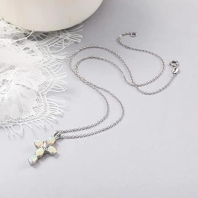 Opal Cross Necklace Inlaid with Tourmaline/Green Gem/Blue Diamonds Sterling Silver Chain Anniversary Wedding Jewelry for Women Cross Birthstone Necklaces 18"