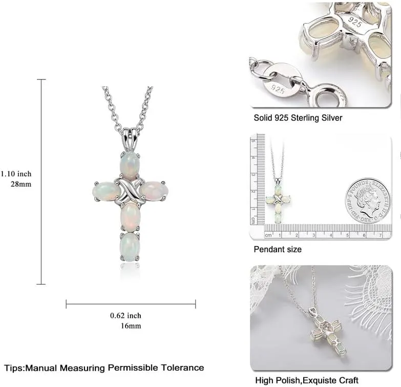 Opal Cross Necklace Inlaid with Tourmaline/Green Gem/Blue Diamonds Sterling Silver Chain Anniversary Wedding Jewelry for Women Cross Birthstone Necklaces 18"