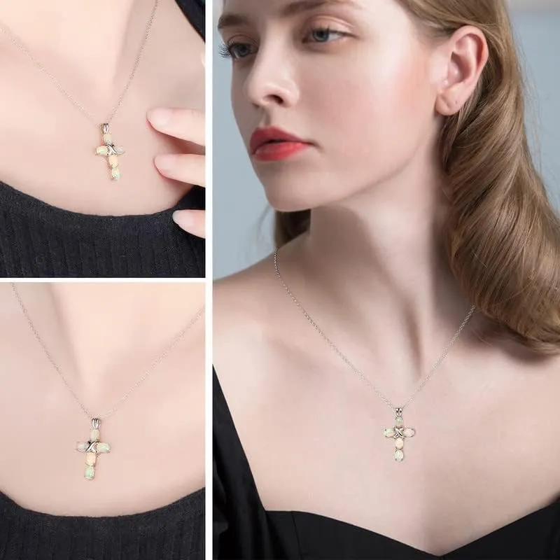 Opal Cross Necklace Inlaid with Tourmaline/Green Gem/Blue Diamonds Sterling Silver Chain Anniversary Wedding Jewelry for Women Cross Birthstone Necklaces 18"