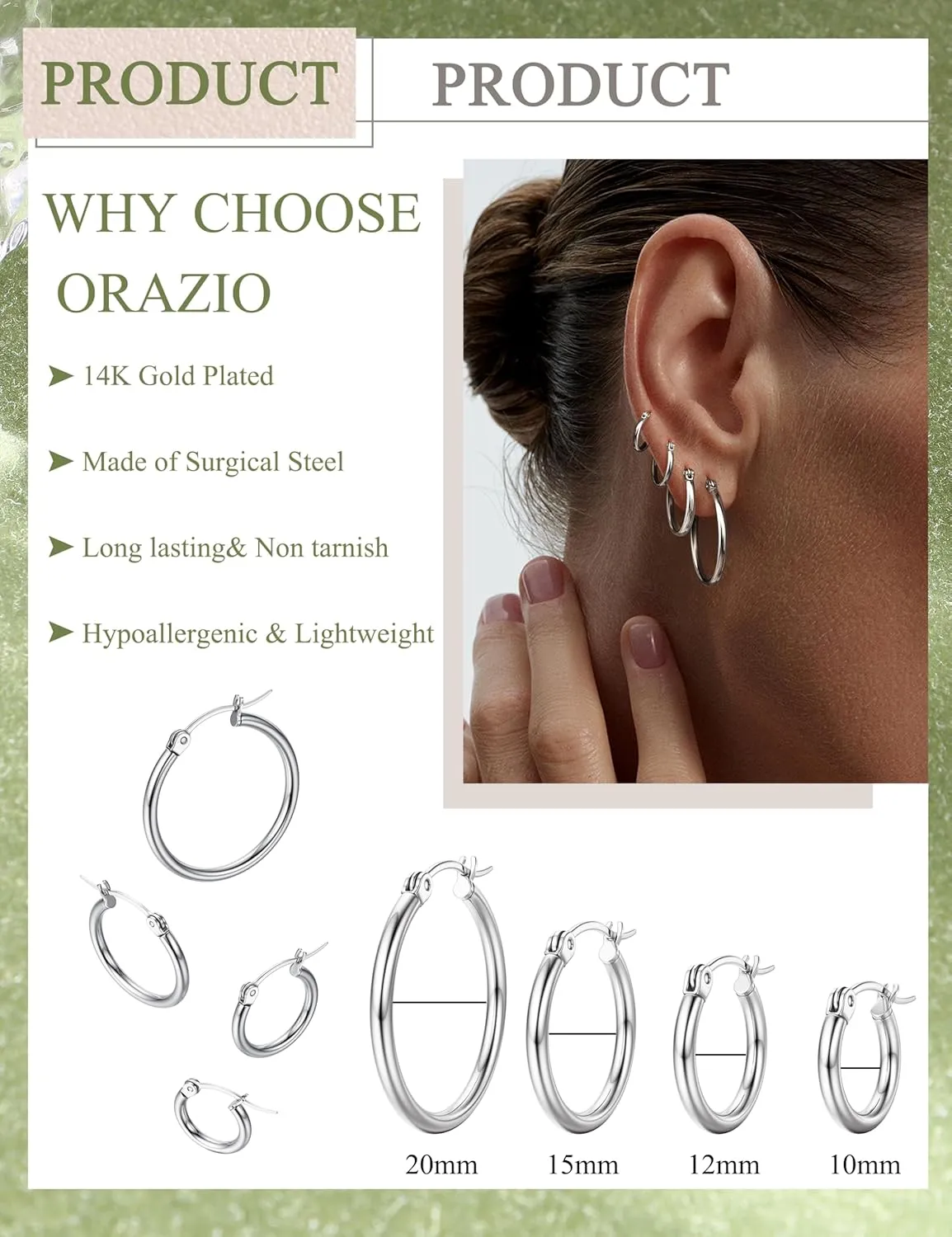 ORAZIO 4 Pairs Stainless Steel Hoop Earrings Set Cute Huggie Earrings for Women,10MM-20MM
